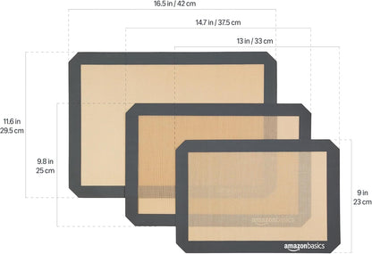 Amazon Basics Rectangular Tapete De Silicona Para Hornear, Juego De 3 Unidades, Marrón,Negro, 23.0Cm X 33.0Cm, 25.0Cm X 29.5Cm, 29.5Cm X 37.5Cm