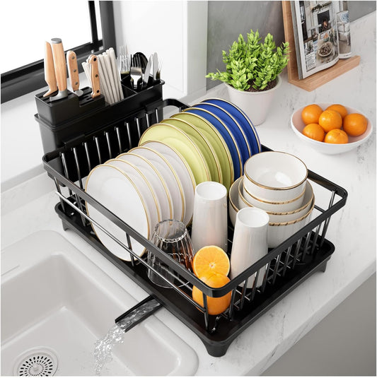 Escurreplatos – Escurridor De Platos Que Ahorra Espacio Con Soporte Para Utensilios Para Encimera De Cocina, Escurridor De Platos De Gran Capacidad Con Escurridor, Color Negro
