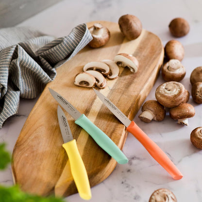 Arcos Set Cuchillos Mondadores. 3 Piezas Acero Inoxidable. Cuchillos Cocina Peladores Multicolor Para Pelar Frutas Y Verduras. Mango Ergonómico Polipropileno. Serie Nova. Naranja, Amarillo Y Azul.