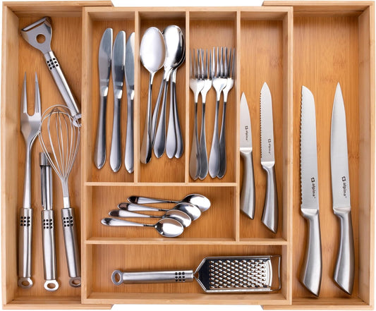 Organizador Cajones - Cubertos Para Cajon Cocina Extensible 46X34-56,5X6 Cm - Caja Organizadora Para Utensilios Hasta 8 Compartimentos - Para Utensilios De Cocina, Gafas De Sol Y Más - Bambú