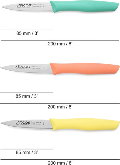 Arcos Set Cuchillos Mondadores. 3 Piezas Acero Inoxidable. Cuchillos Cocina Peladores Multicolor Para Pelar Frutas Y Verduras. Mango Ergonómico Polipropileno. Serie Nova. Naranja, Amarillo Y Azul.