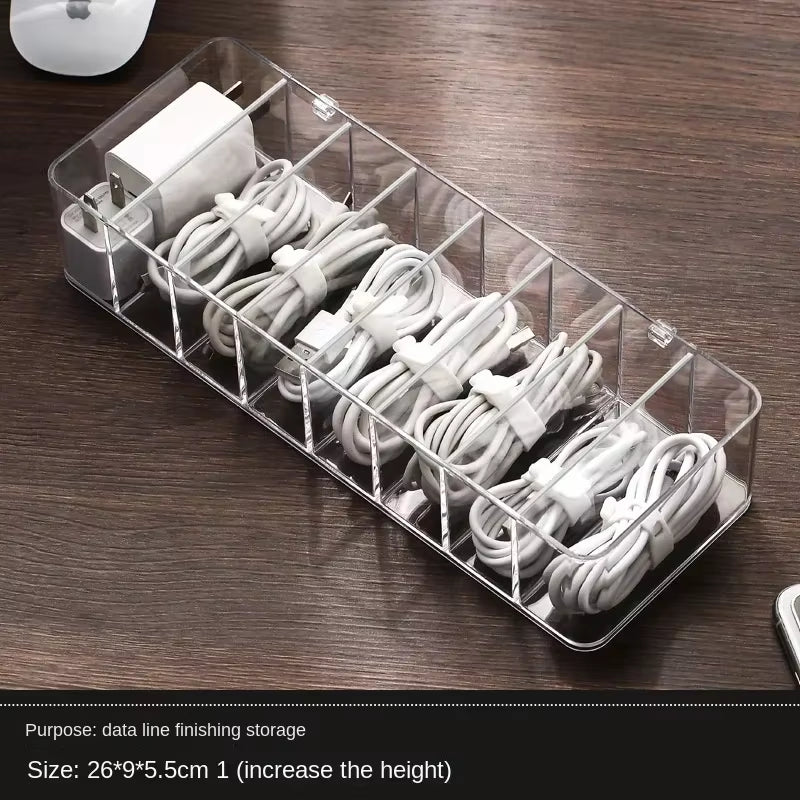 The Transparent Plastic Data Cable Storage Box Household Cable Mobilephone Charger Charging Cable Finishing Box Divided Grid Box