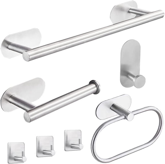 Juego De Accesorios De Baño, Toalleros De Baño Sin Taladro 7 Piezas, Toalleros De Aro Para Baño De Acero Inoxidable Plata