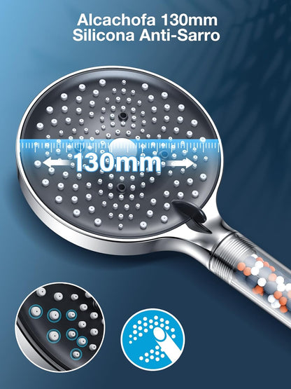 YEAUPE PRO Alcachofa De Ducha Con Manguera 1,6M,Ducha Baño Con Filtro, 6 Patrones De Rociado,Alta Presión,Antical,Mano Redonda Grande(130Mm),Ahorro De Agua Cabezal De Ducha,Negro Blanco
