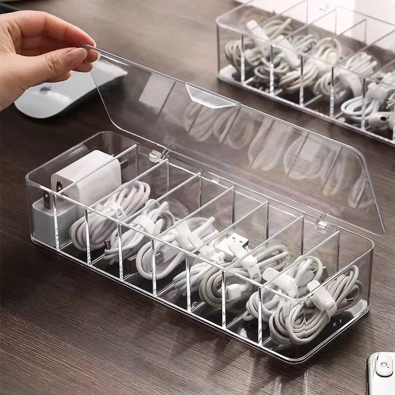 The Transparent Plastic Data Cable Storage Box Household Cable Mobilephone Charger Charging Cable Finishing Box Divided Grid Box