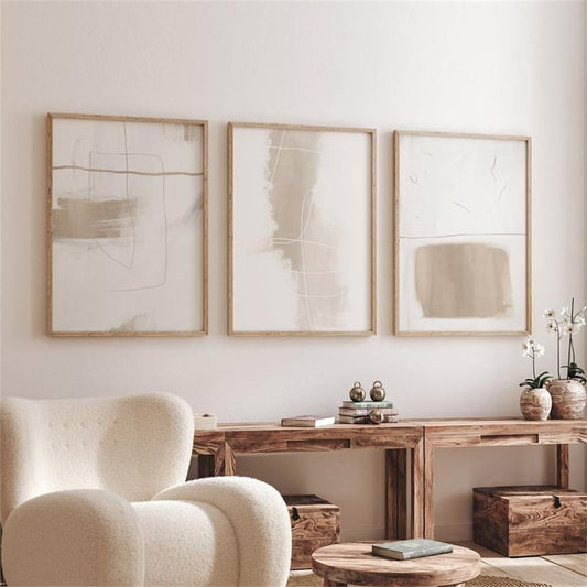 Juego De 3 Cuadros Geométricos Abstractos Color Beige Bohemio Pintura En Lienzo Galería Moderna Carteles E Impresión Para Interiores Oficina Decoración Hogar-60*90Cm/24*35 Pulgadas (Sin Marco)