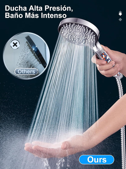 YEAUPE PRO Alcachofa De Ducha Con Manguera 1,6M,Ducha Baño Con Filtro, 6 Patrones De Rociado,Alta Presión,Antical,Mano Redonda Grande(130Mm),Ahorro De Agua Cabezal De Ducha,Negro Blanco