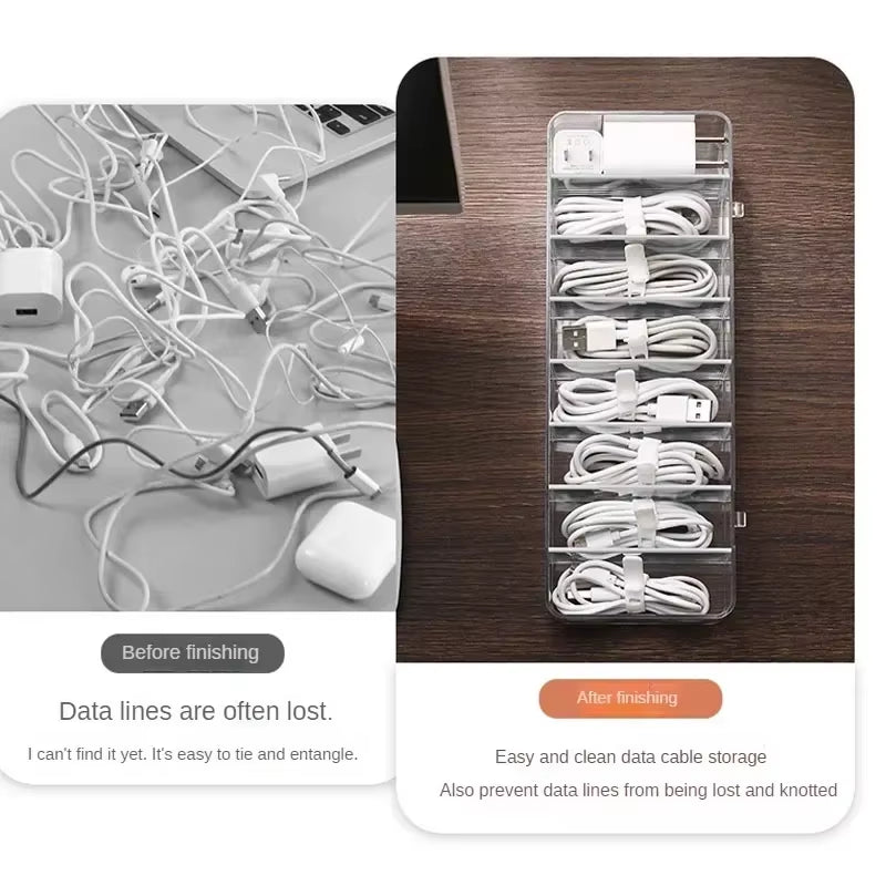 The Transparent Plastic Data Cable Storage Box Household Cable Mobilephone Charger Charging Cable Finishing Box Divided Grid Box